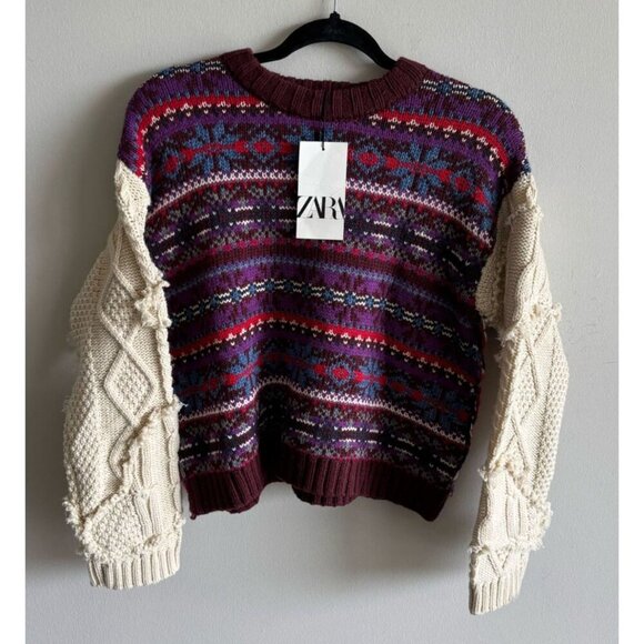 Zara Womens Oversized Contrasting Knit Jacquard Sweater Purple Beige Size S - Picture 3 of 10